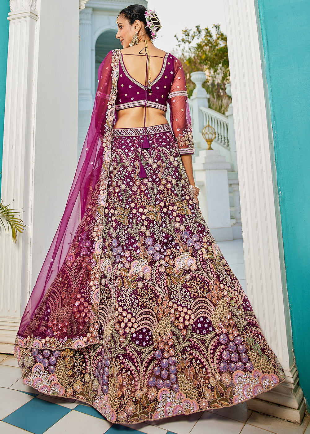 Plum Purple Net Lehenga Choli with Coding & Zarkan Work