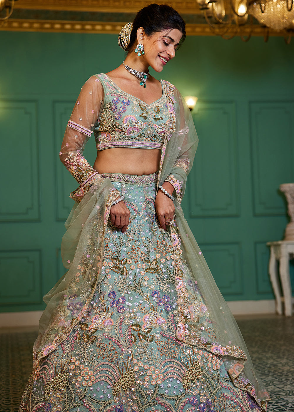 Celadon Green Net Lehenga Choli with Coding & Zarkan Work