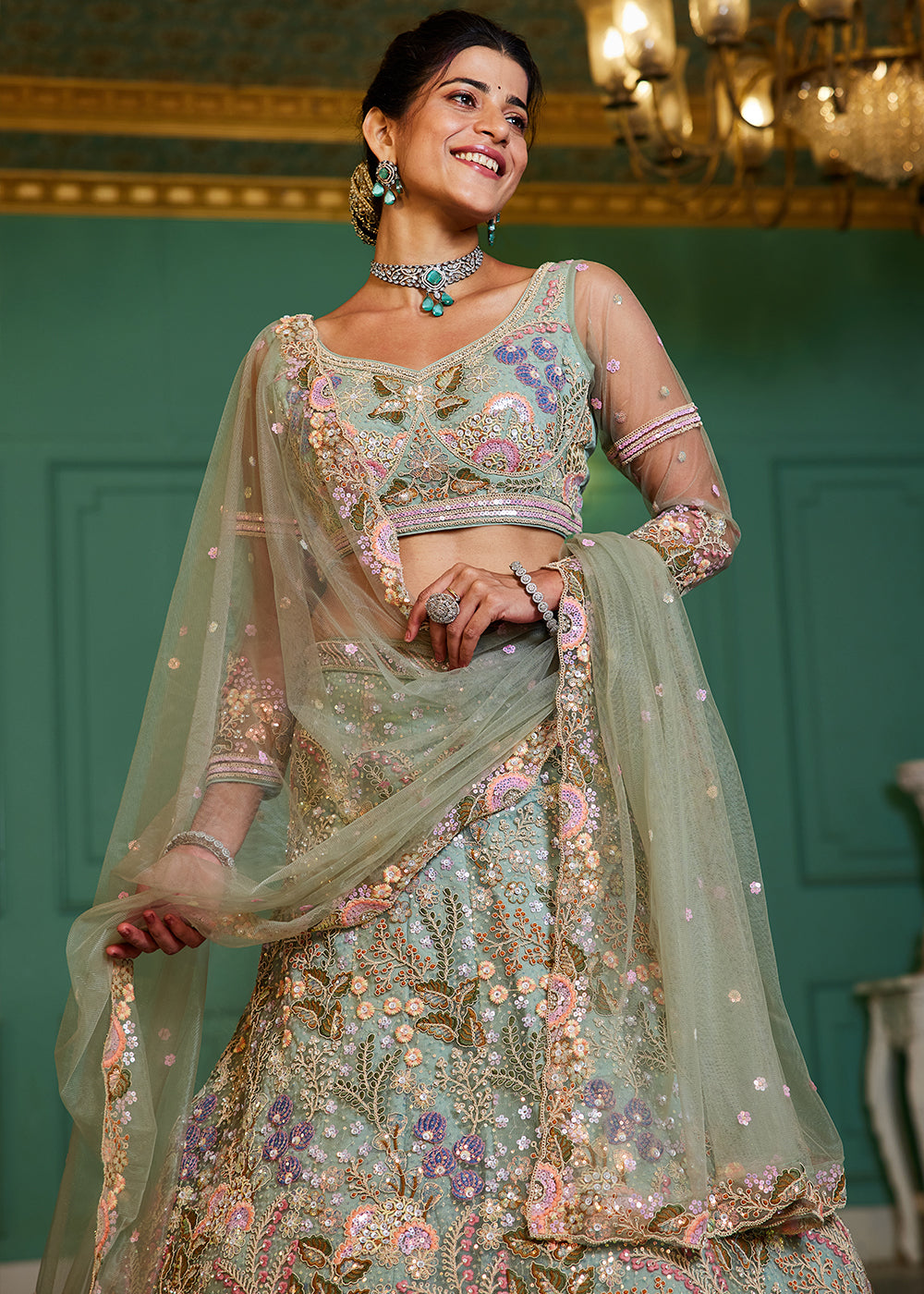 Celadon Green Net Lehenga Choli with Coding & Zarkan Work