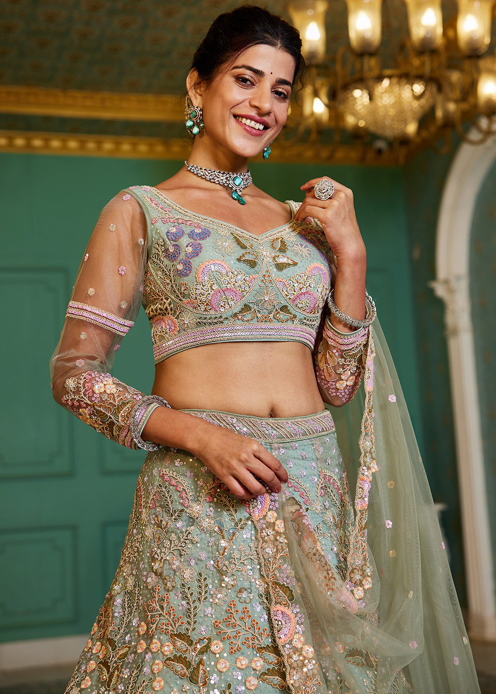 Celadon Green Net Lehenga Choli with Coding & Zarkan Work