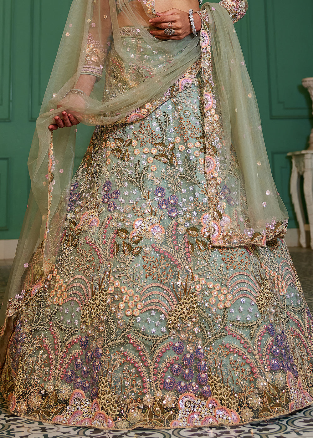 Celadon Green Net Lehenga Choli with Coding & Zarkan Work