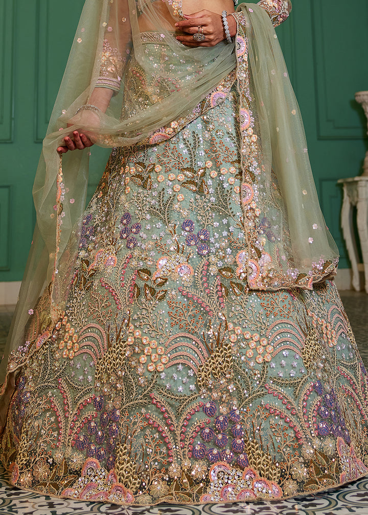 Celadon Green Net Lehenga Choli with Coding & Zarkan Work