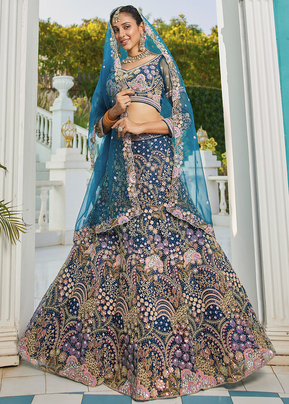 Navy Blue Net Lehenga Choli with Coding & Zarkan Work