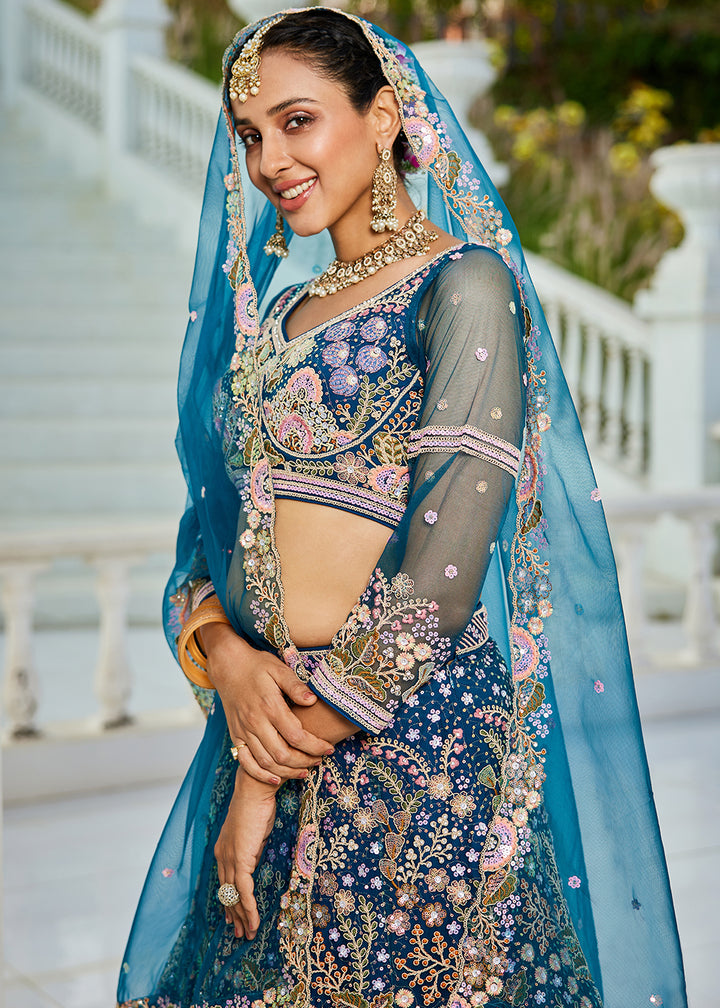 Navy Blue Net Lehenga Choli with Coding & Zarkan Work