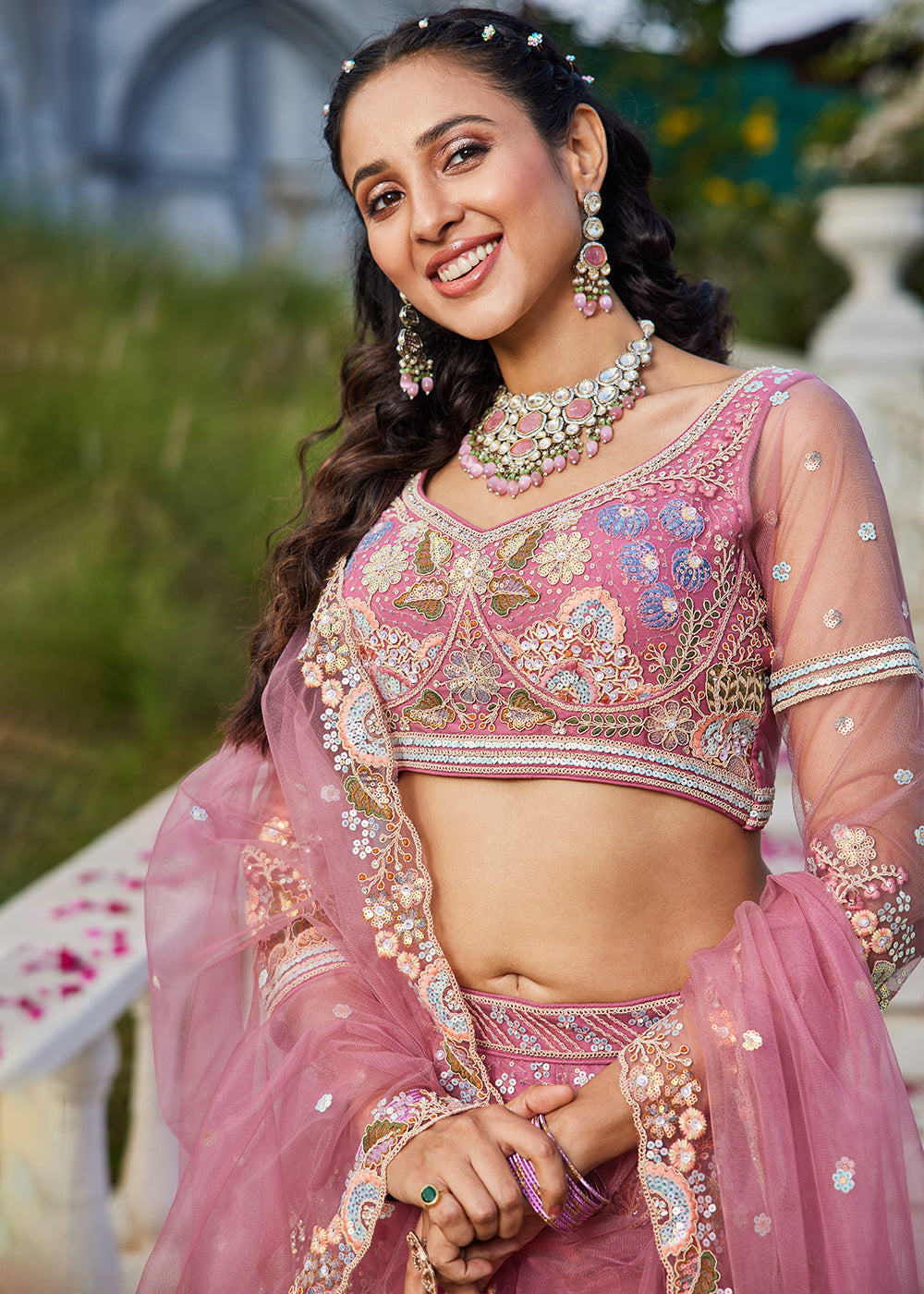 Candy Pink Net Lehenga Choli with Coding & Zarkan Work