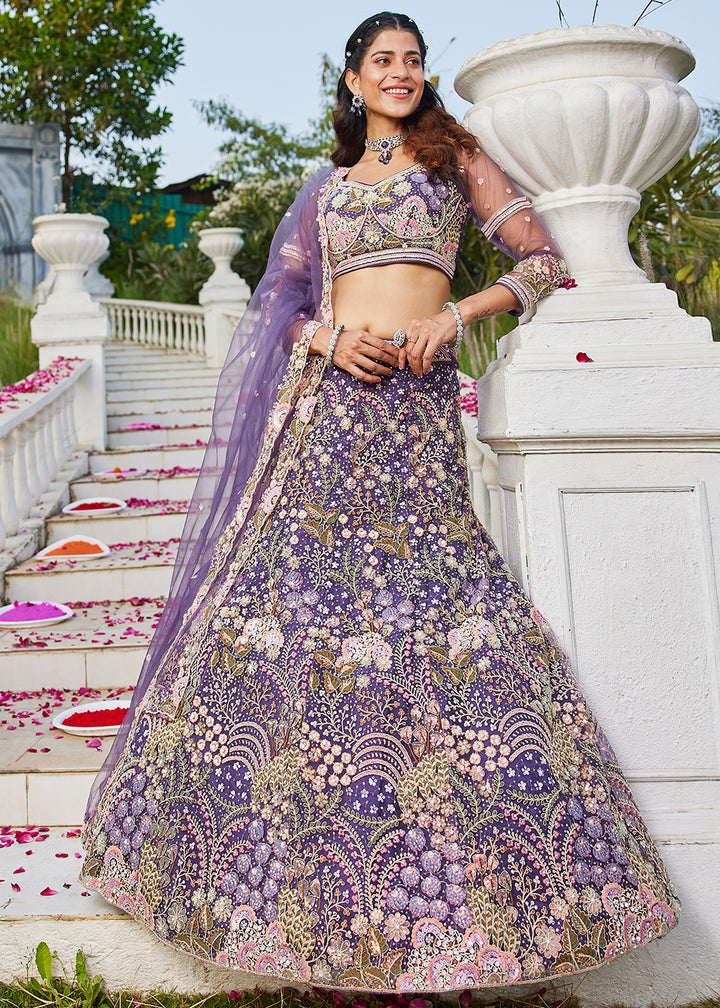 Grape Purple Net Lehenga Choli with Coding & Zarkan Work