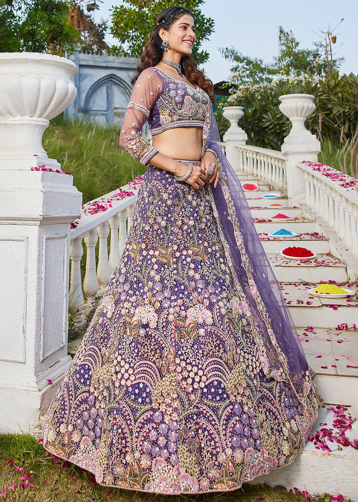 Grape Purple Net Lehenga Choli with Coding & Zarkan Work