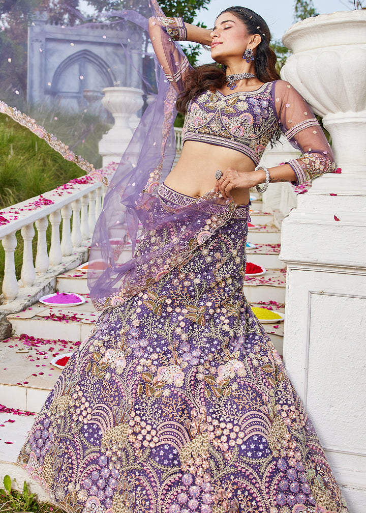 Grape Purple Net Lehenga Choli with Coding & Zarkan Work