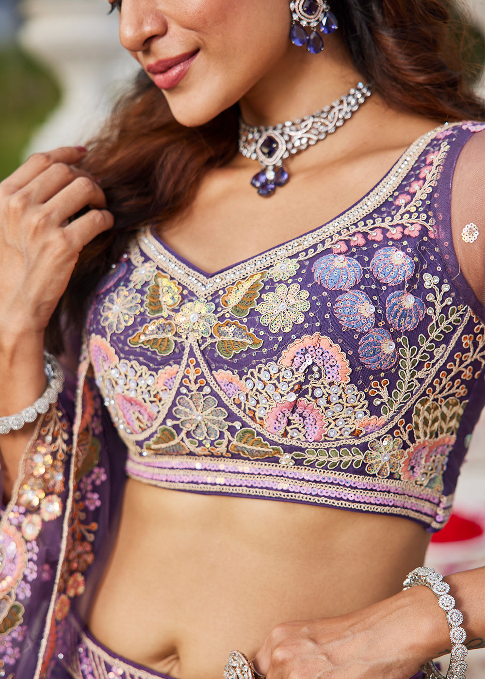 Grape Purple Net Lehenga Choli with Coding & Zarkan Work