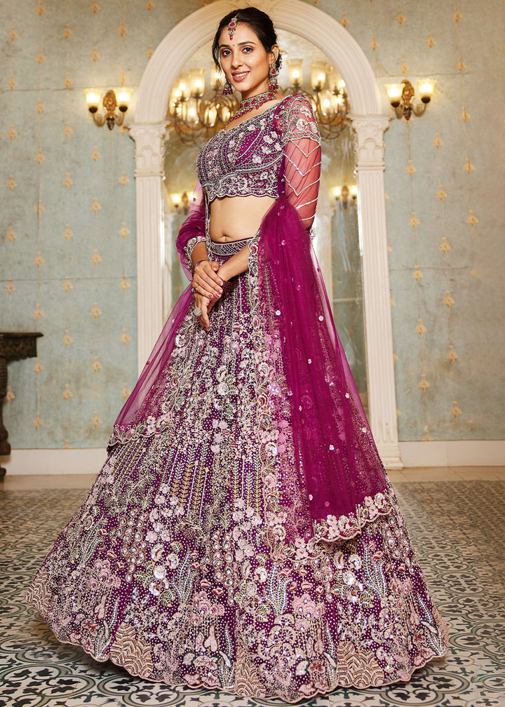 Burdungy Purple Net Lehenga Choli with Coding & Zarkan Work