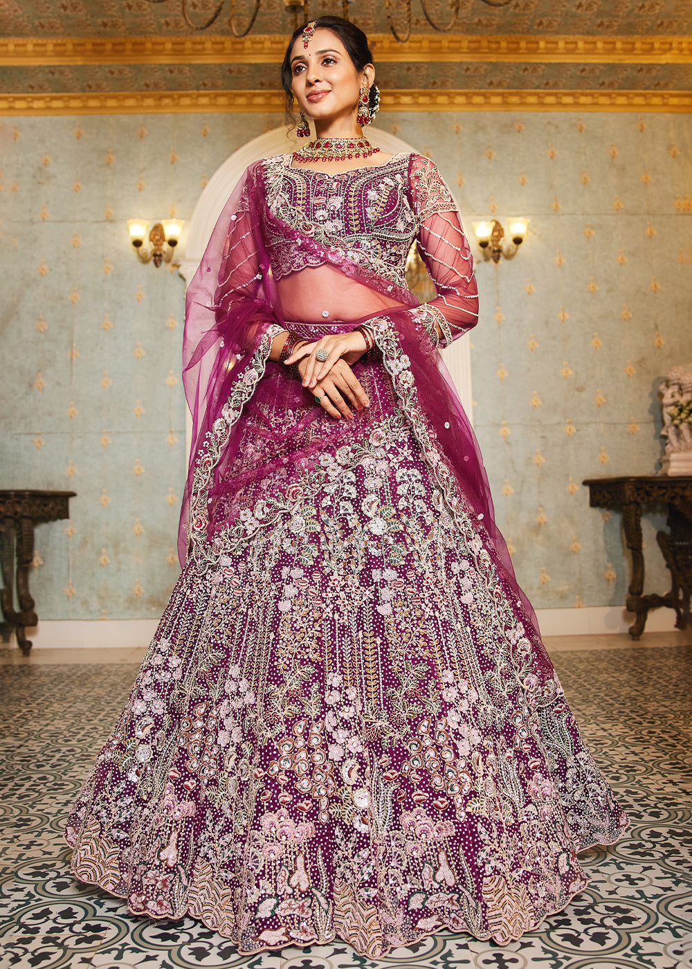 Burdungy Purple Net Lehenga Choli with Coding & Zarkan Work