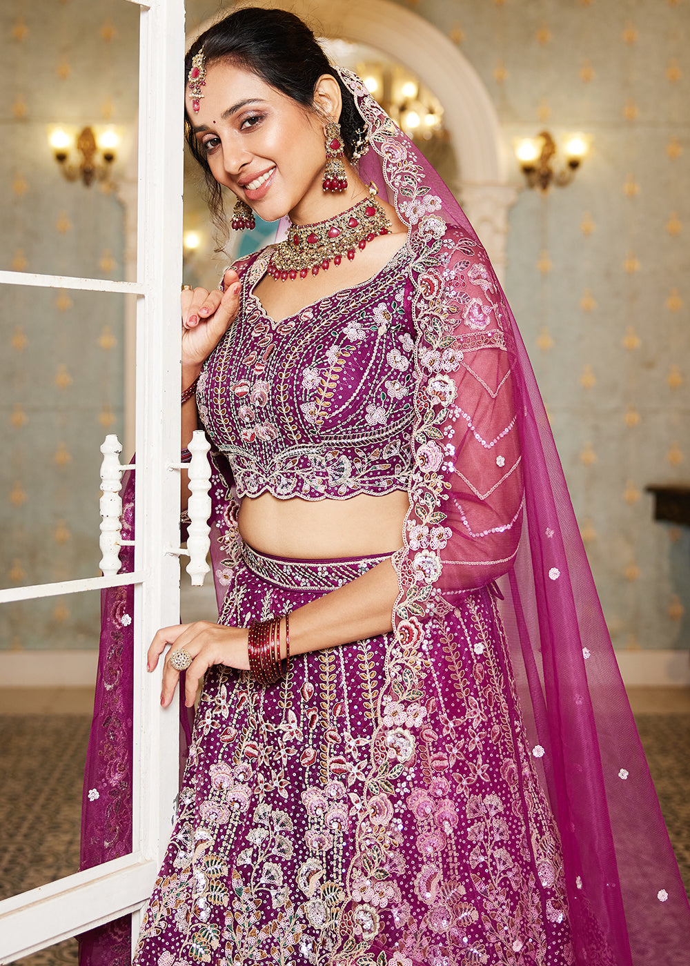 Burdungy Purple Net Lehenga Choli with Coding & Zarkan Work