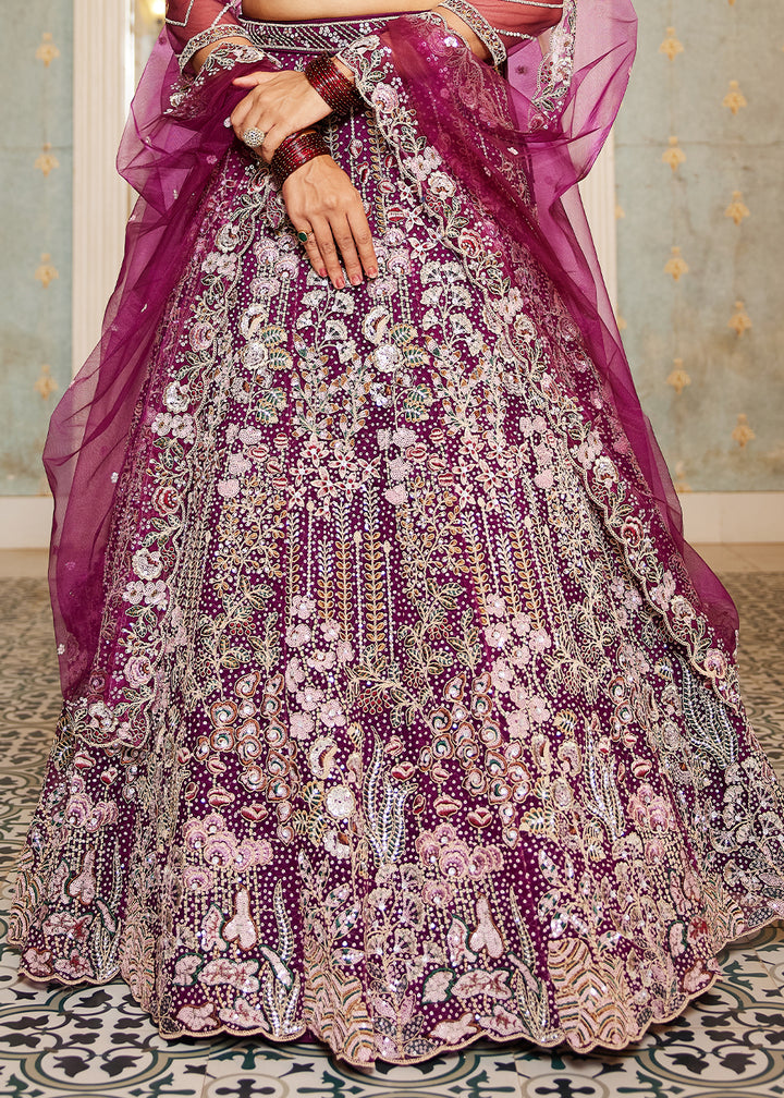 Burdungy Purple Net Lehenga Choli with Coding & Zarkan Work