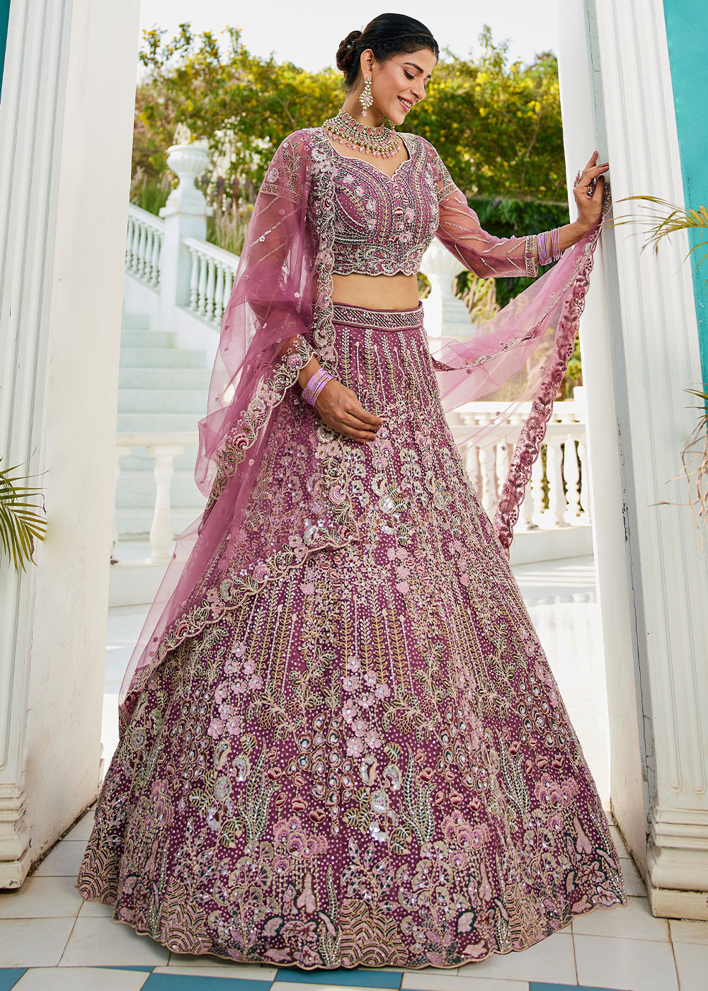 Fandango Purple Net Lehenga Choli with Coding & Zarkan Work