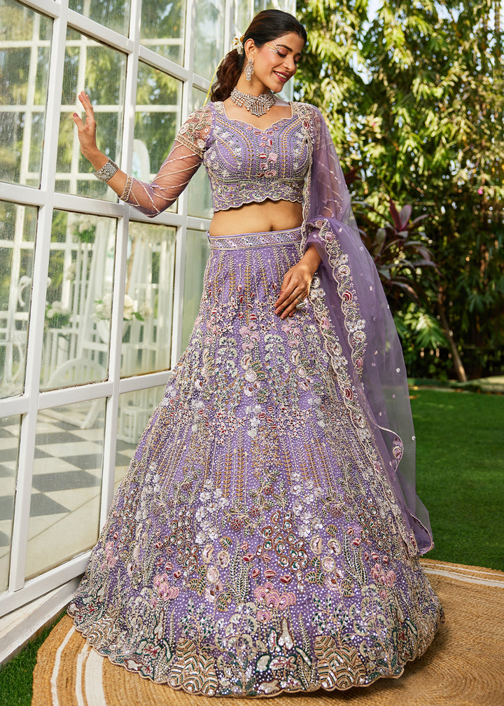 Mauve Purple Net Lehenga Choli with Coding & Zarkan Work