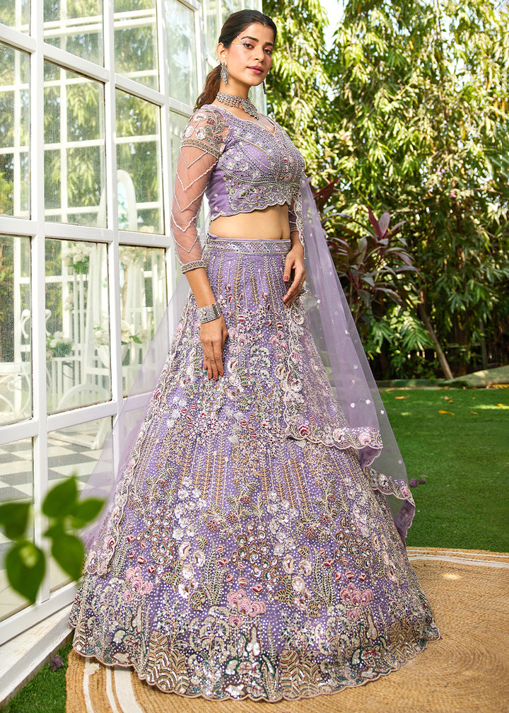 Mauve Purple Net Lehenga Choli with Coding & Zarkan Work