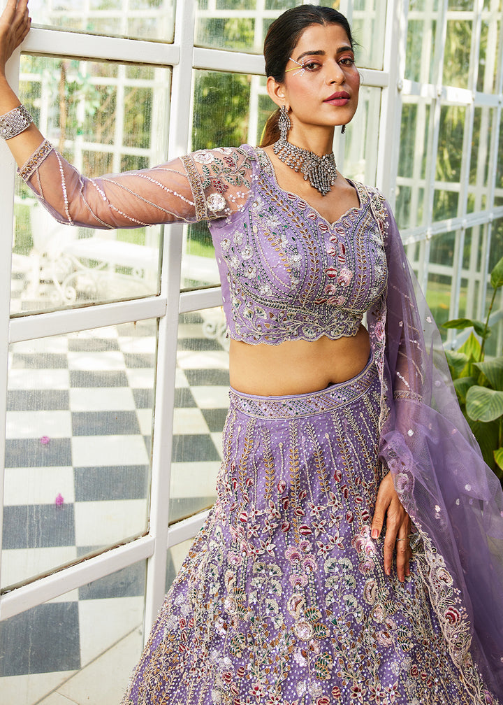 Mauve Purple Net Lehenga Choli with Coding & Zarkan Work