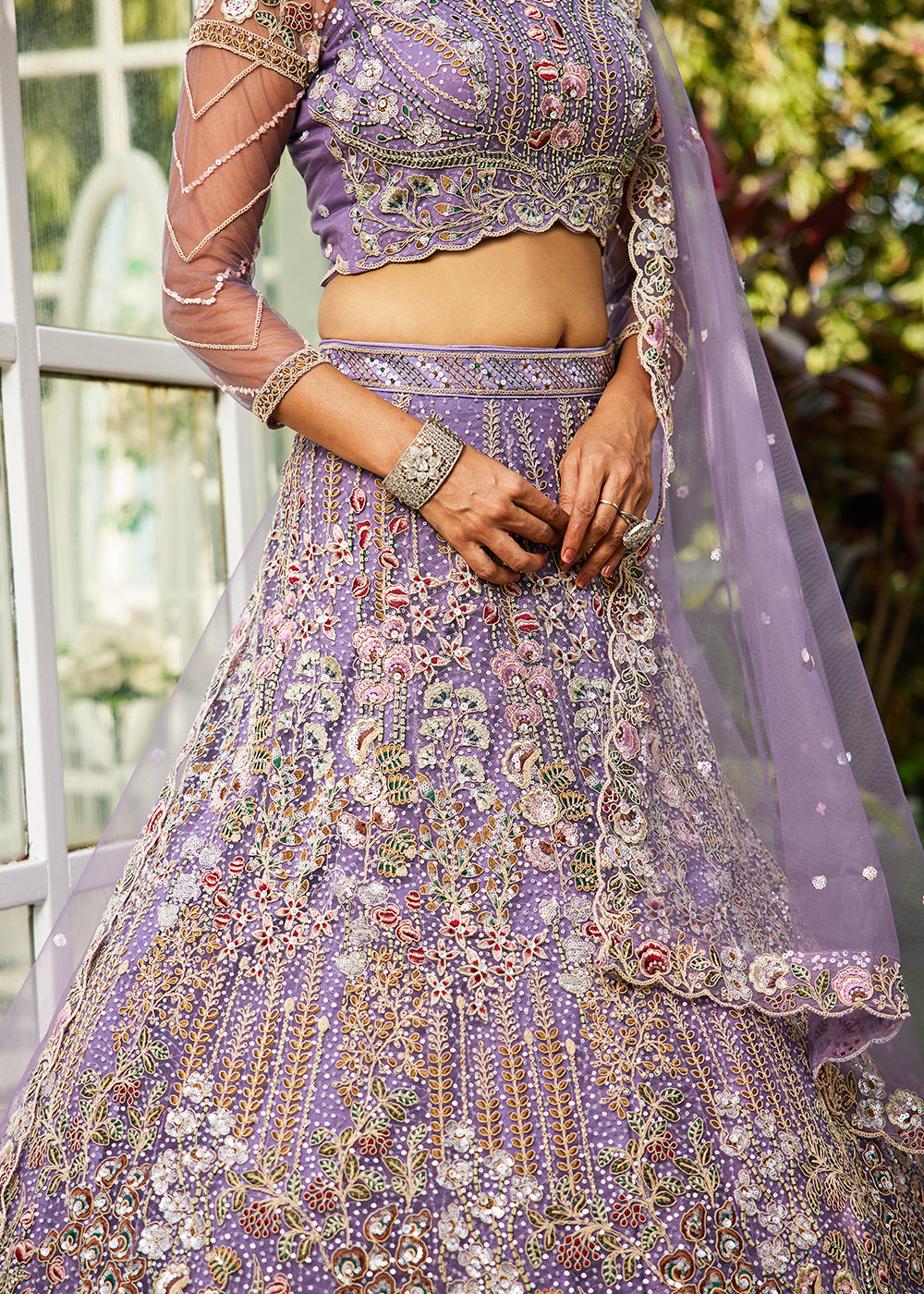 Mauve Purple Net Lehenga Choli with Coding & Zarkan Work