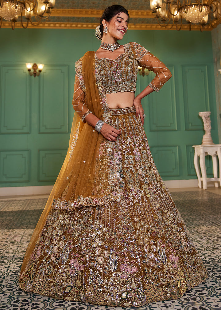 Mustard Yellow Net Lehenga Choli with Coding & Zarkan Work