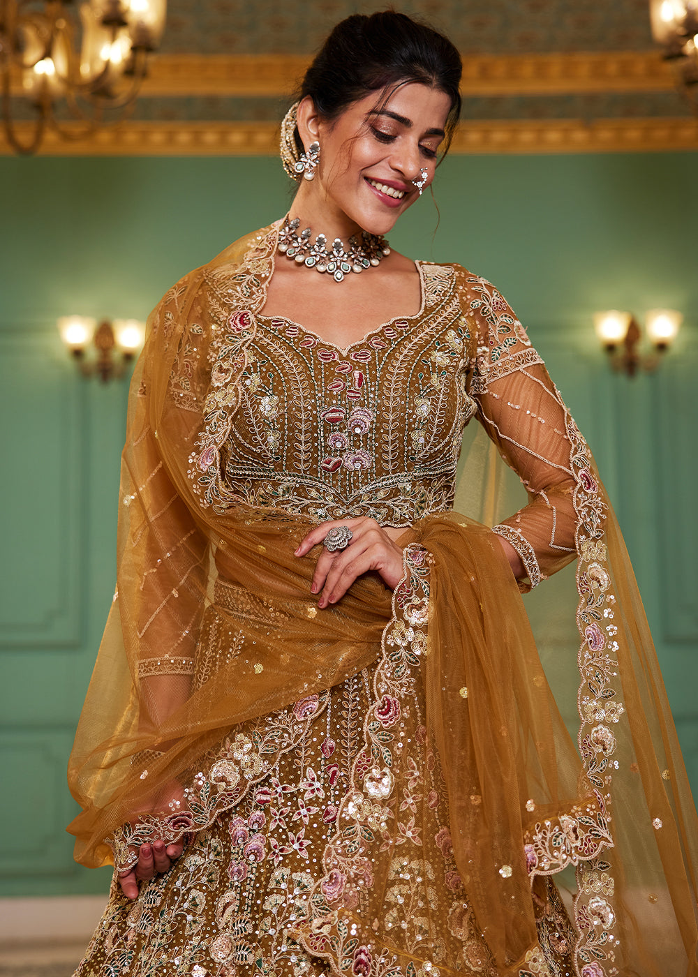 Mustard Yellow Net Lehenga Choli with Coding & Zarkan Work