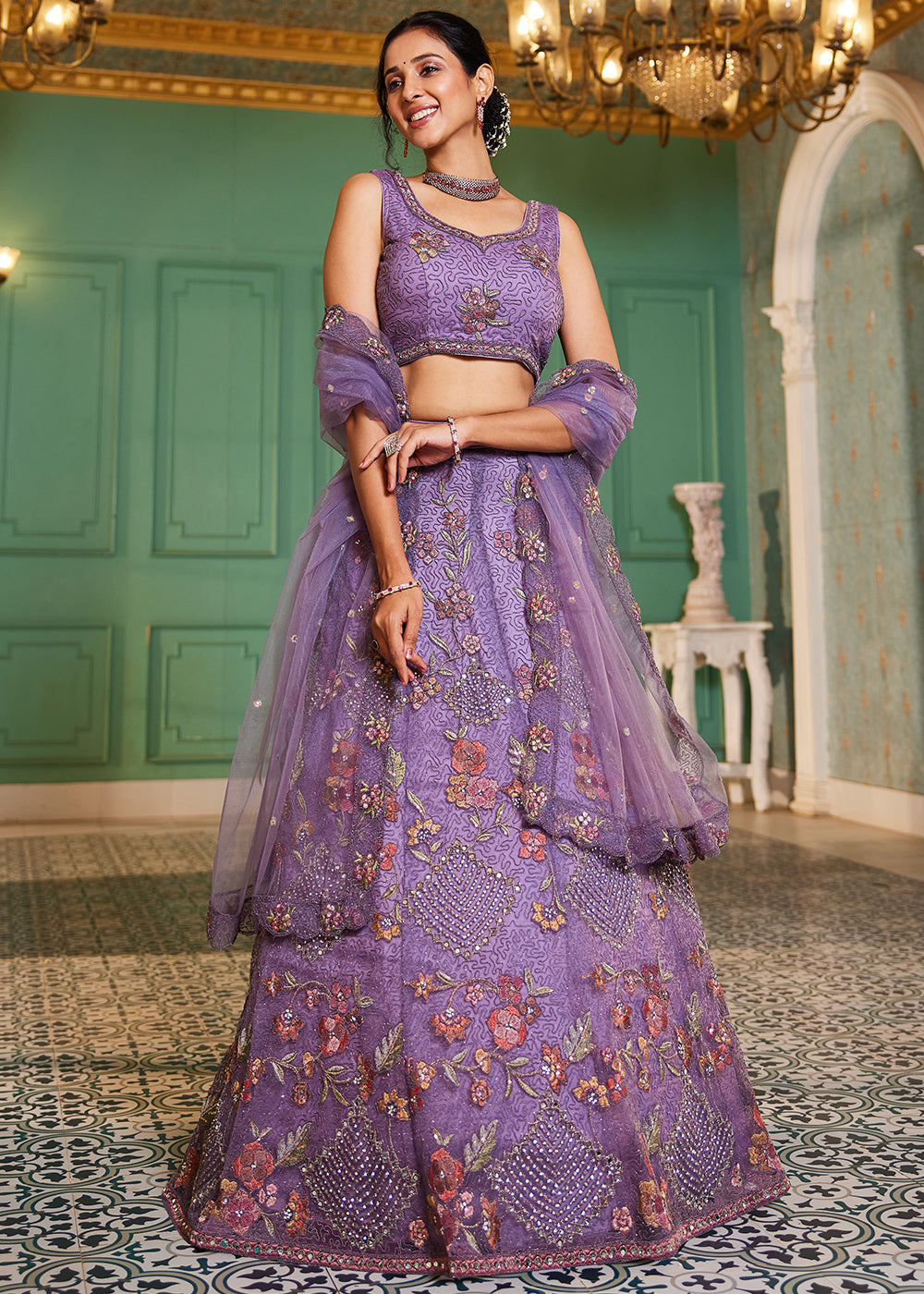 Amethyst Purple Net Lehenga Choli with Coding & Zarkan Work