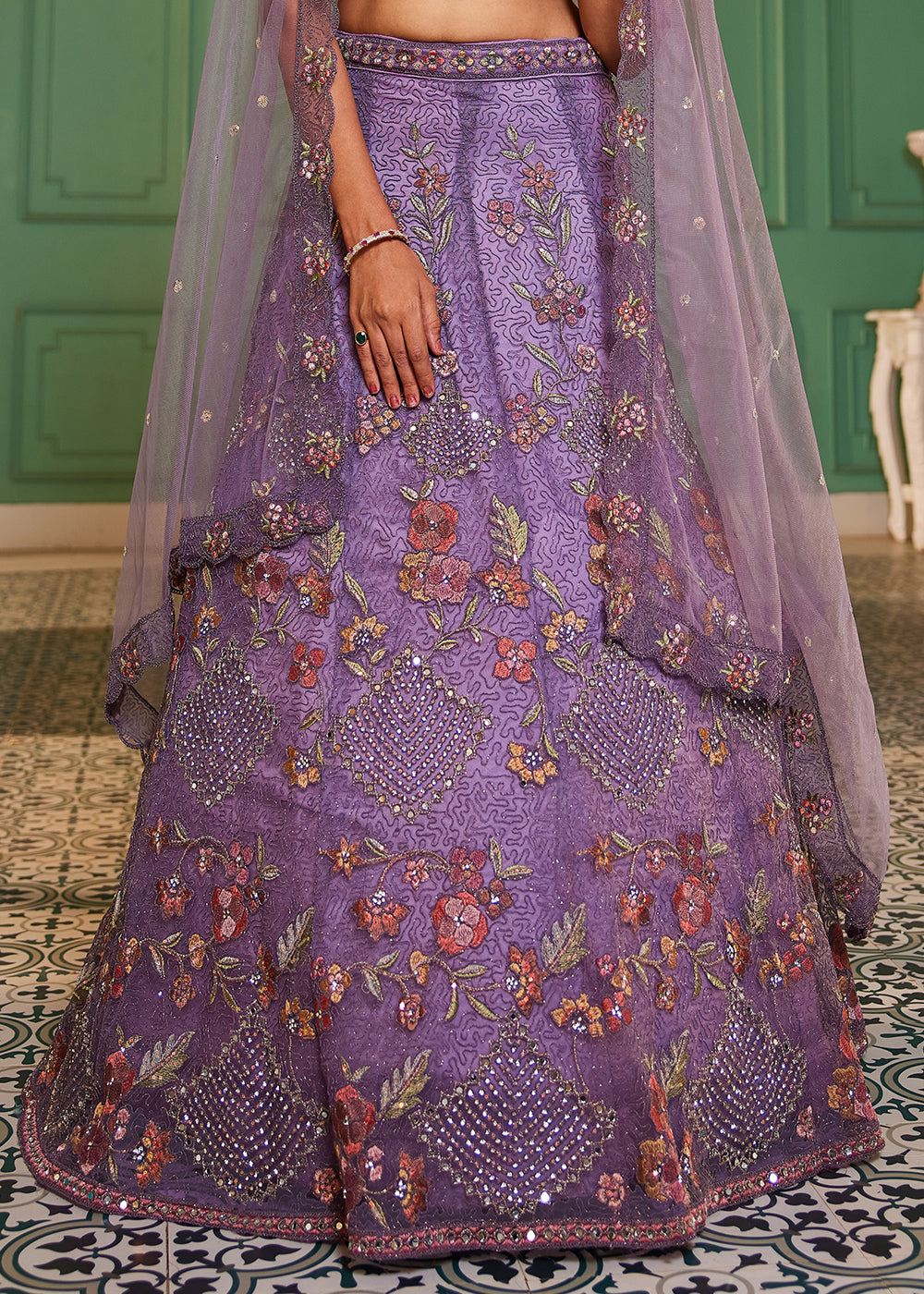 Amethyst Purple Net Lehenga Choli with Coding & Zarkan Work