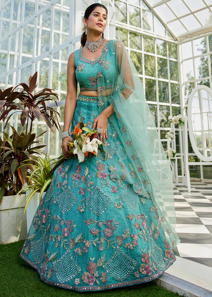 Cyan Purple Net Lehenga Choli with Coding & Zarkan Work