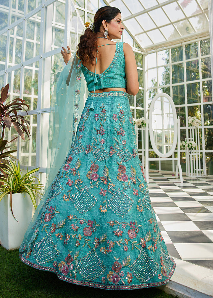 Cyan Purple Net Lehenga Choli with Coding & Zarkan Work