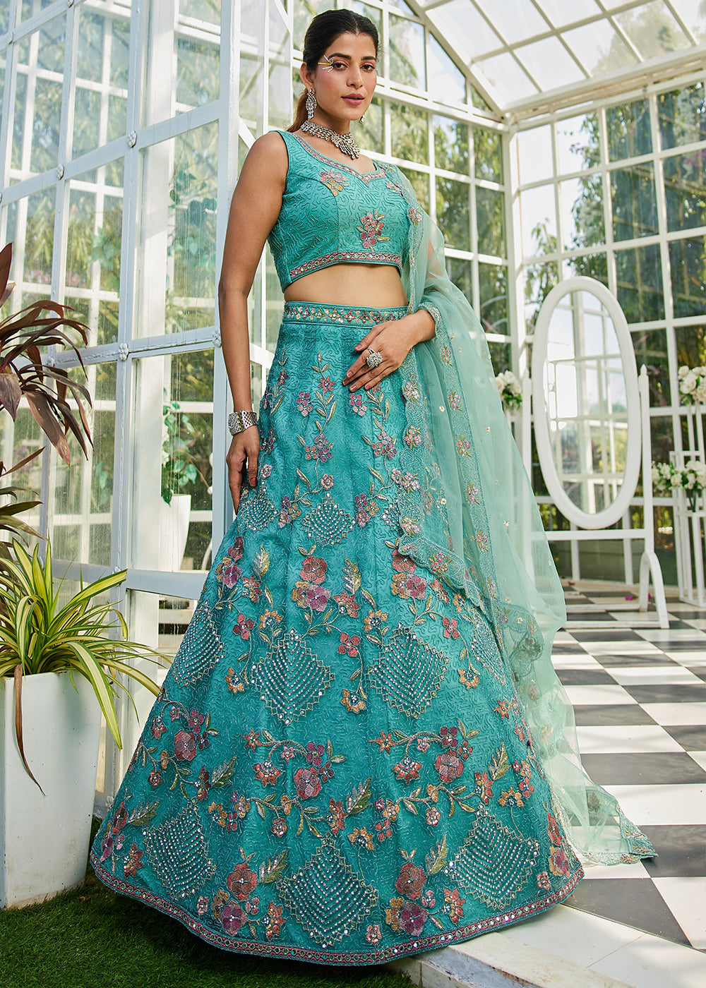 Cyan Purple Net Lehenga Choli with Coding & Zarkan Work