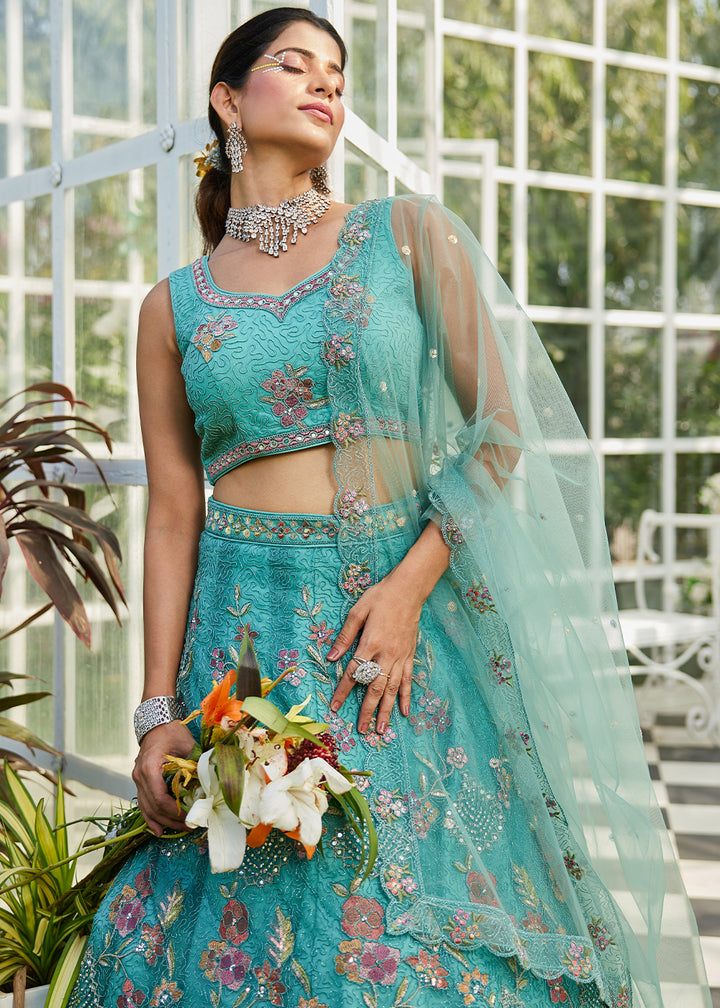 Cyan Purple Net Lehenga Choli with Coding & Zarkan Work