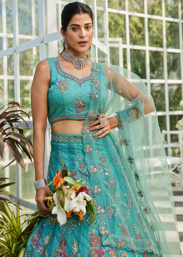 Cyan Purple Net Lehenga Choli with Coding & Zarkan Work