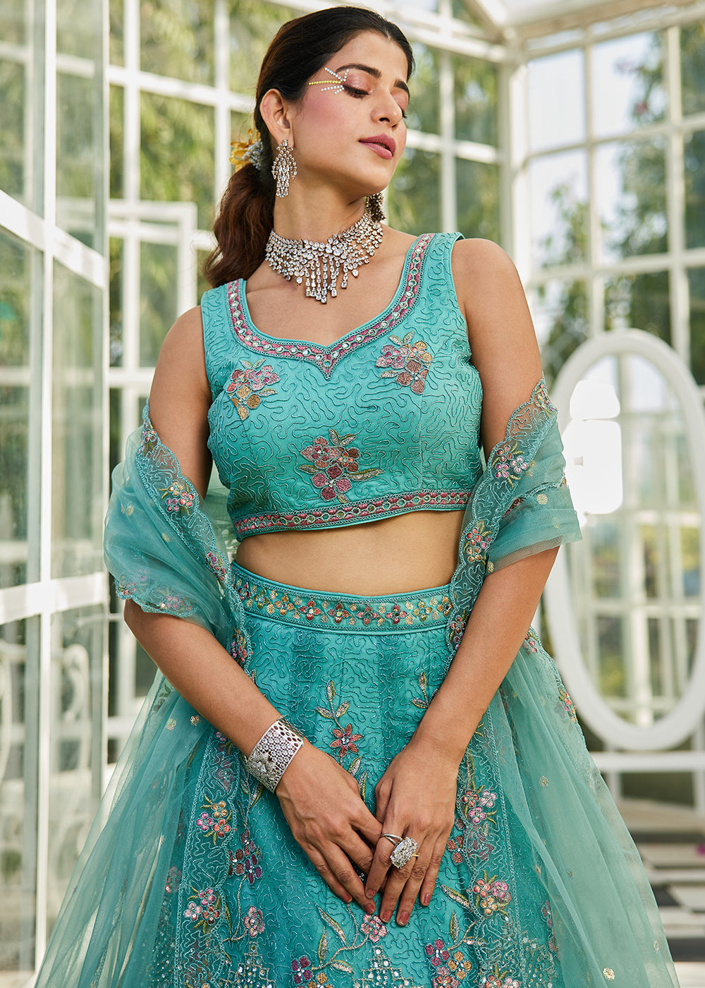 Cyan Purple Net Lehenga Choli with Coding & Zarkan Work