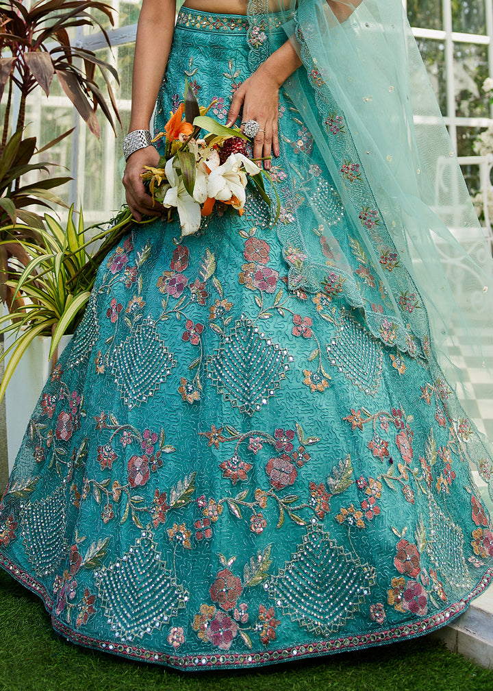 Cyan Purple Net Lehenga Choli with Coding & Zarkan Work