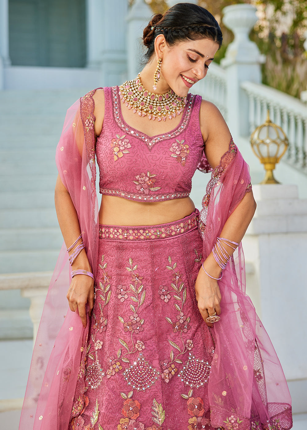 Mulberry Purple Net Lehenga Choli with Coding & Zarkan Work