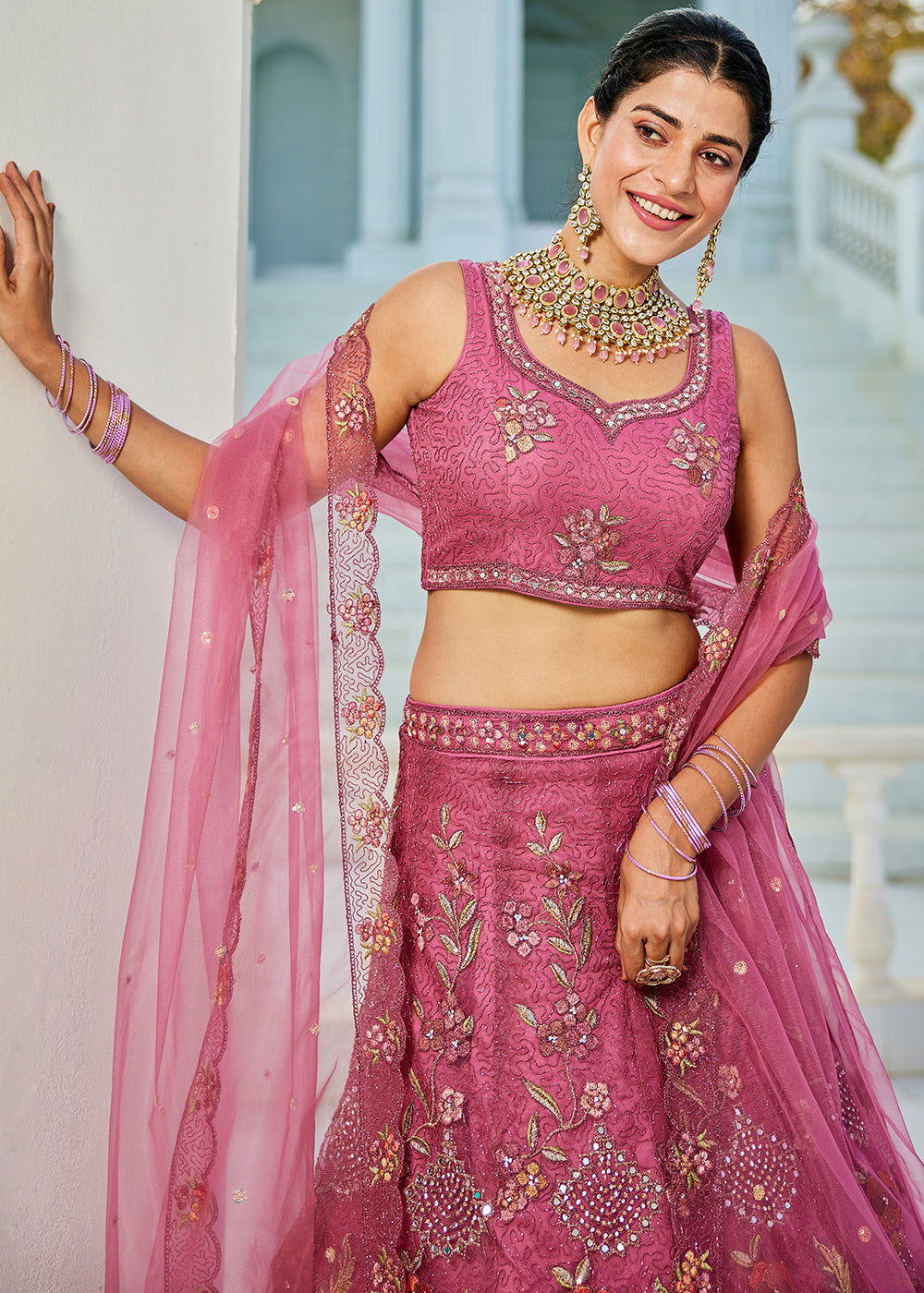 Mulberry Purple Net Lehenga Choli with Coding & Zarkan Work