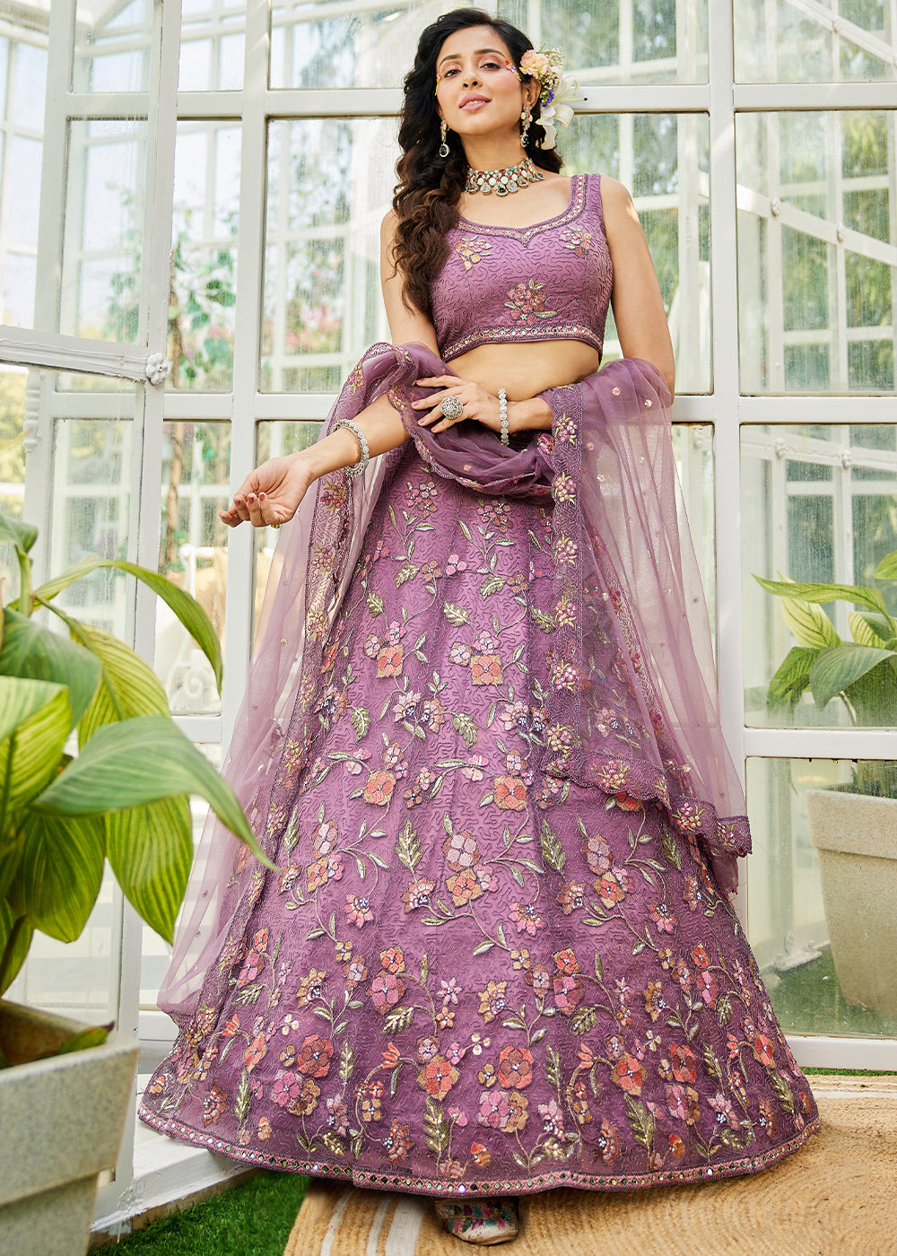 Jasmine Purple Net Lehenga Choli with Coding & Zarkan Work