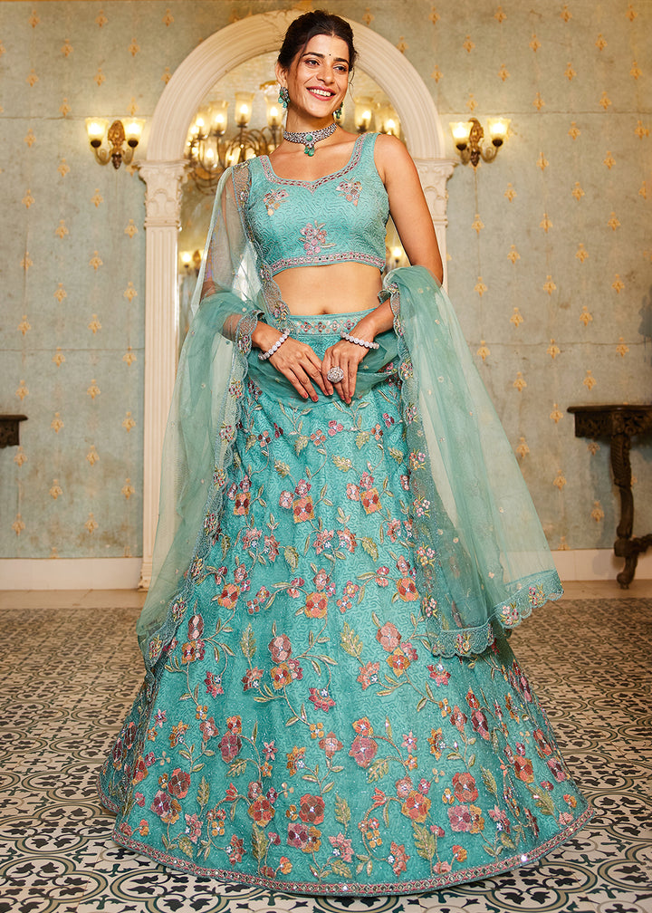 Turquoise Blue Net Lehenga Choli with Coding & Zarkan Work