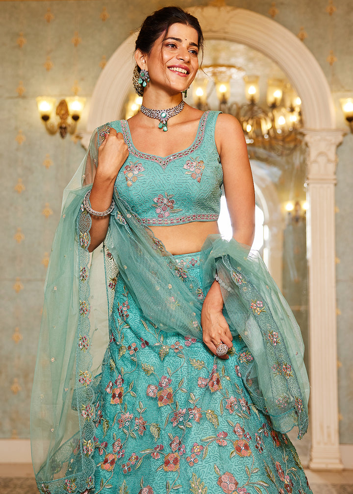 Turquoise Blue Net Lehenga Choli with Coding & Zarkan Work