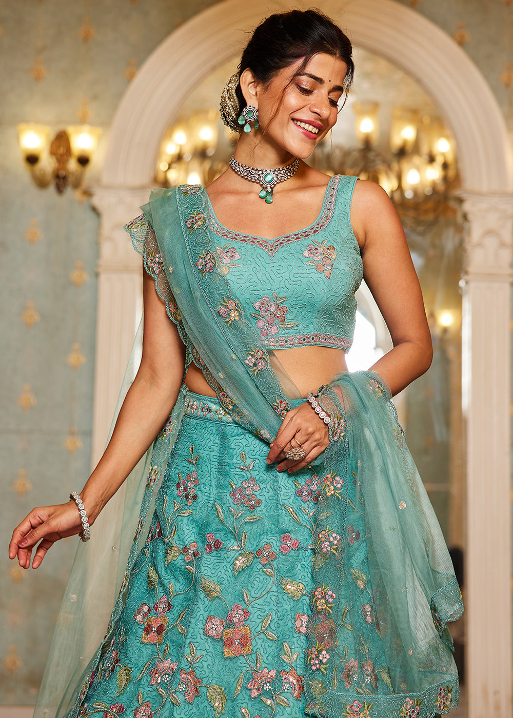 Turquoise Blue Net Lehenga Choli with Coding & Zarkan Work