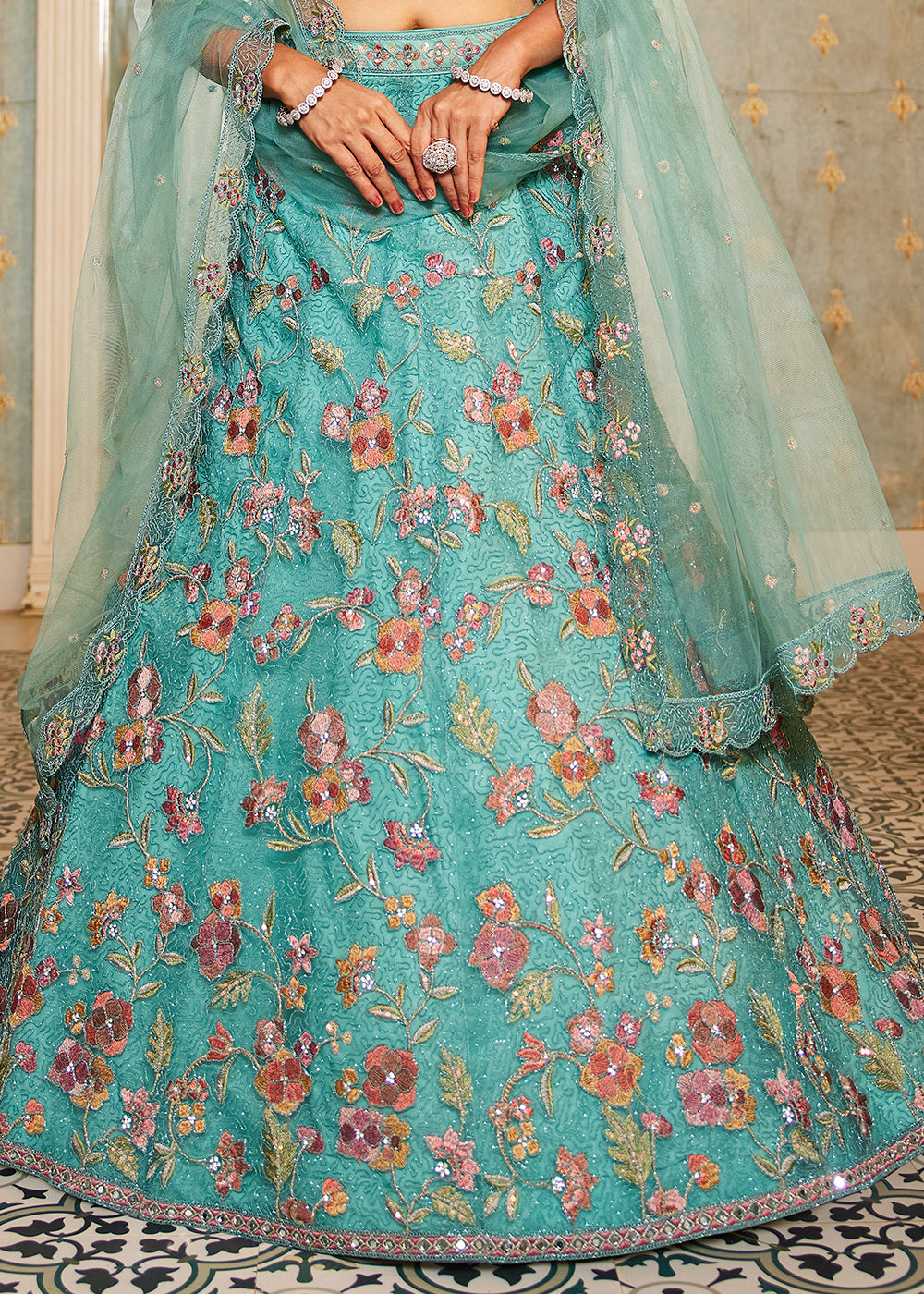 Turquoise Blue Net Lehenga Choli with Coding & Zarkan Work