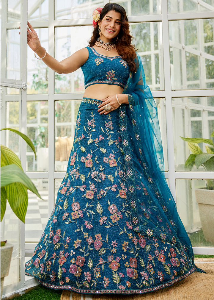 Cobalt Blue Net Lehenga Choli with Coding & Zarkan Work