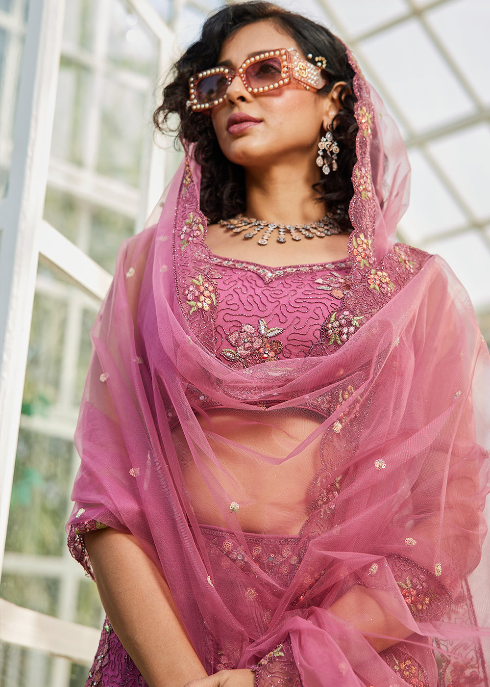 Pinkish Purple Net Lehenga Choli with Coding & Zarkan Work