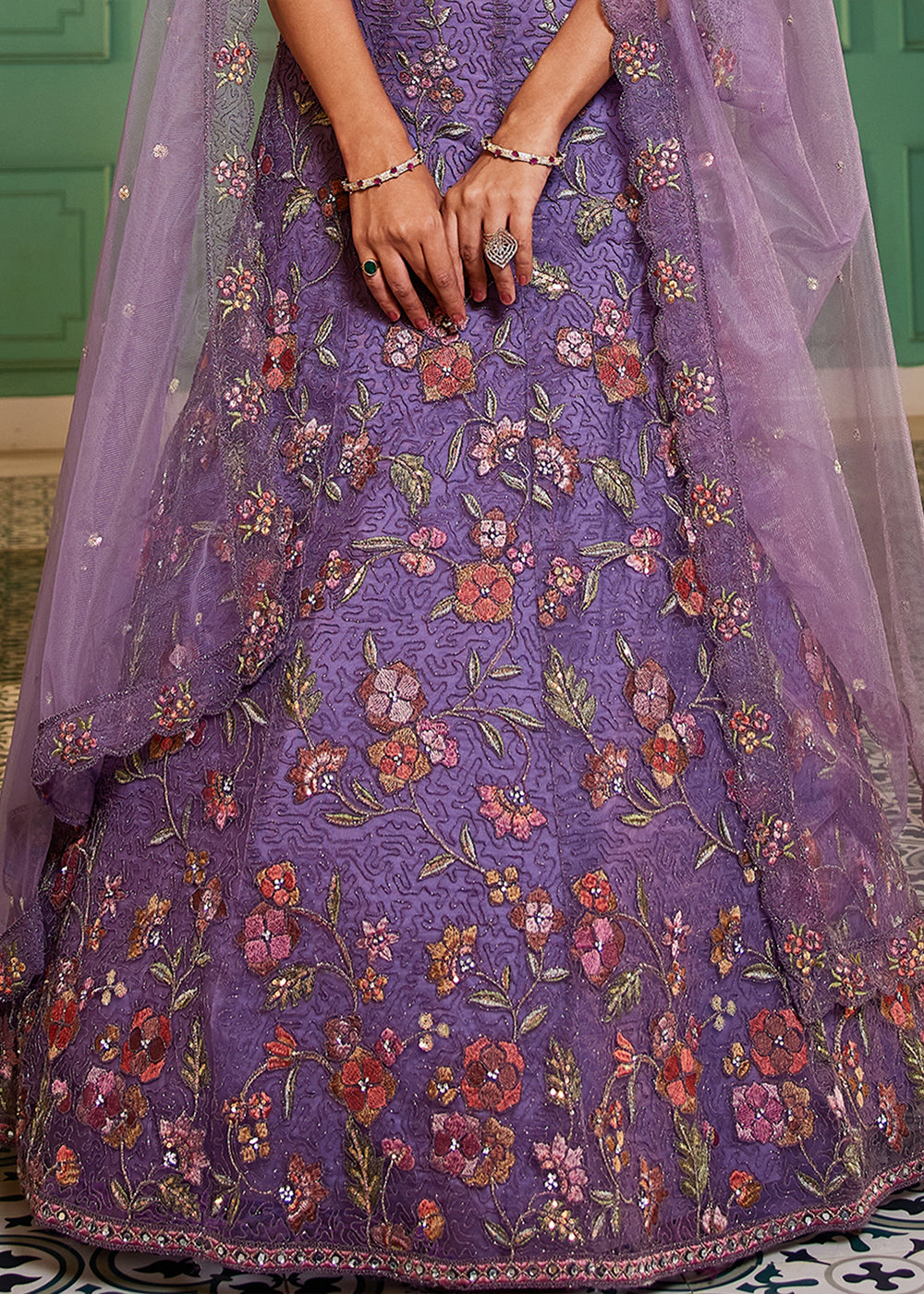 Electric Purple Net Lehenga Choli with Coding & Zarkan Work