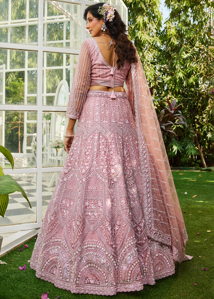 Lace Pink Net Lehenga Choli with Beads & Zarkan Work