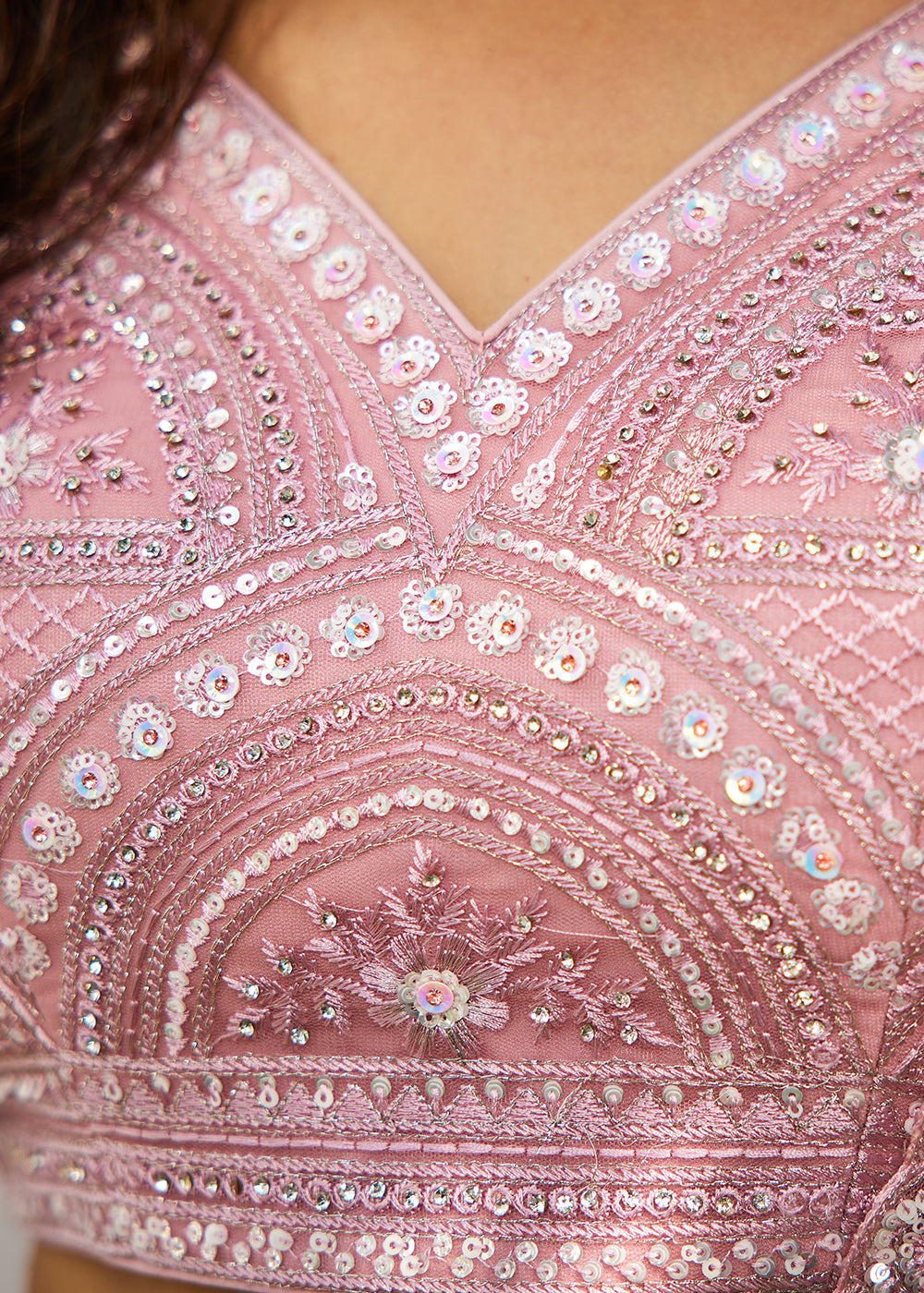 Lace Pink Net Lehenga Choli with Beads & Zarkan Work