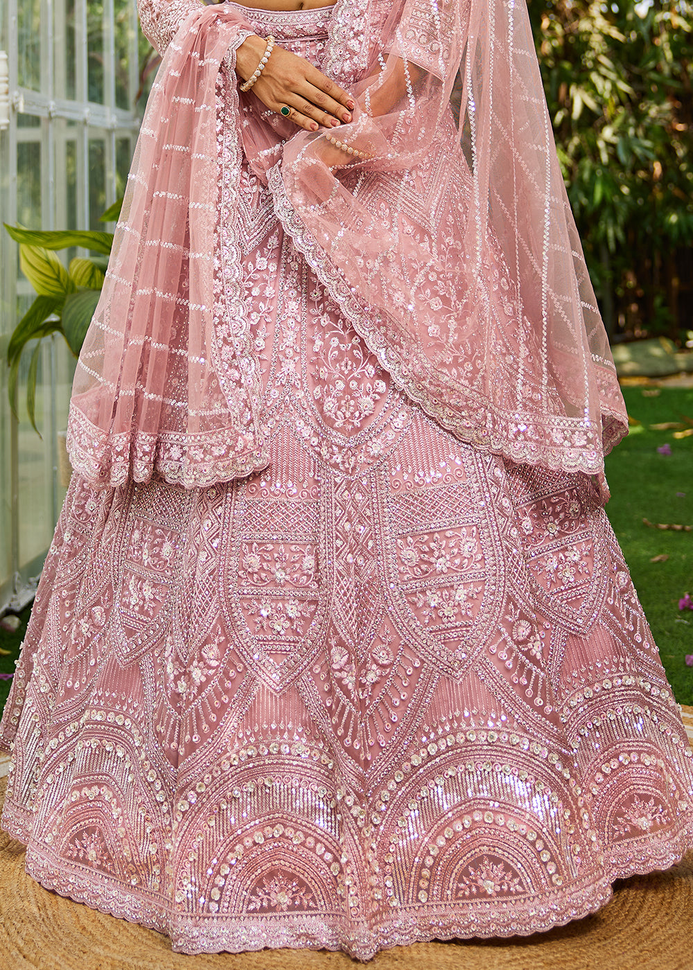 Lace Pink Net Lehenga Choli with Beads & Zarkan Work