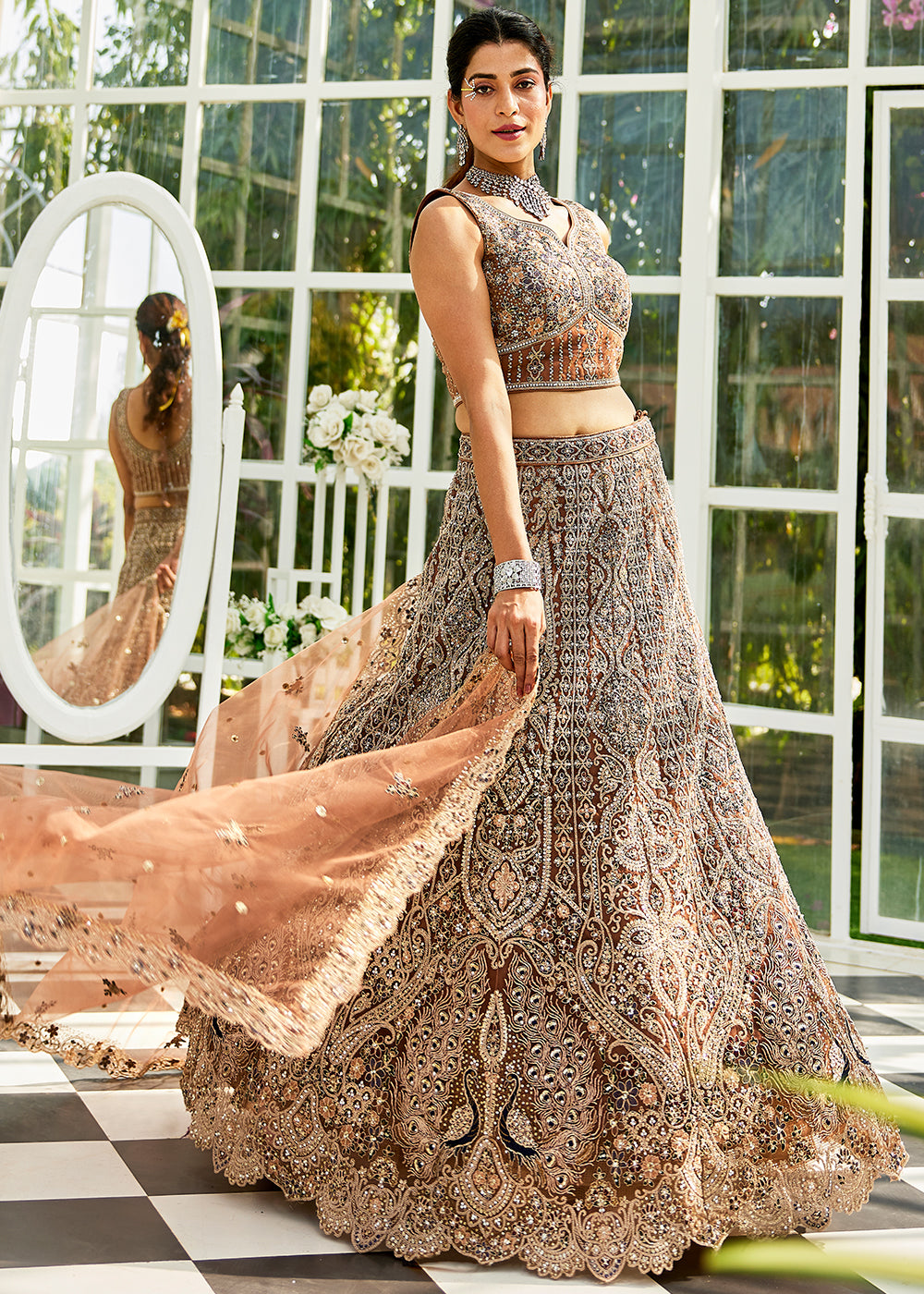 Caramel Brown Net Lehenga Choli with Beads & Zarkan Work