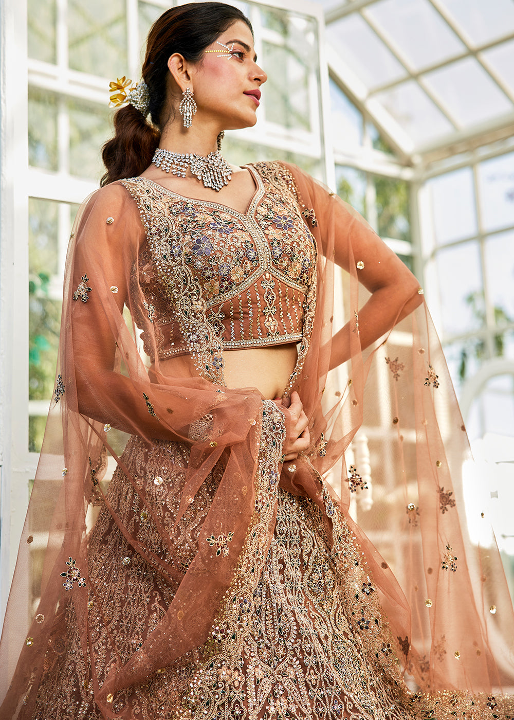 Caramel Brown Net Lehenga Choli with Beads & Zarkan Work