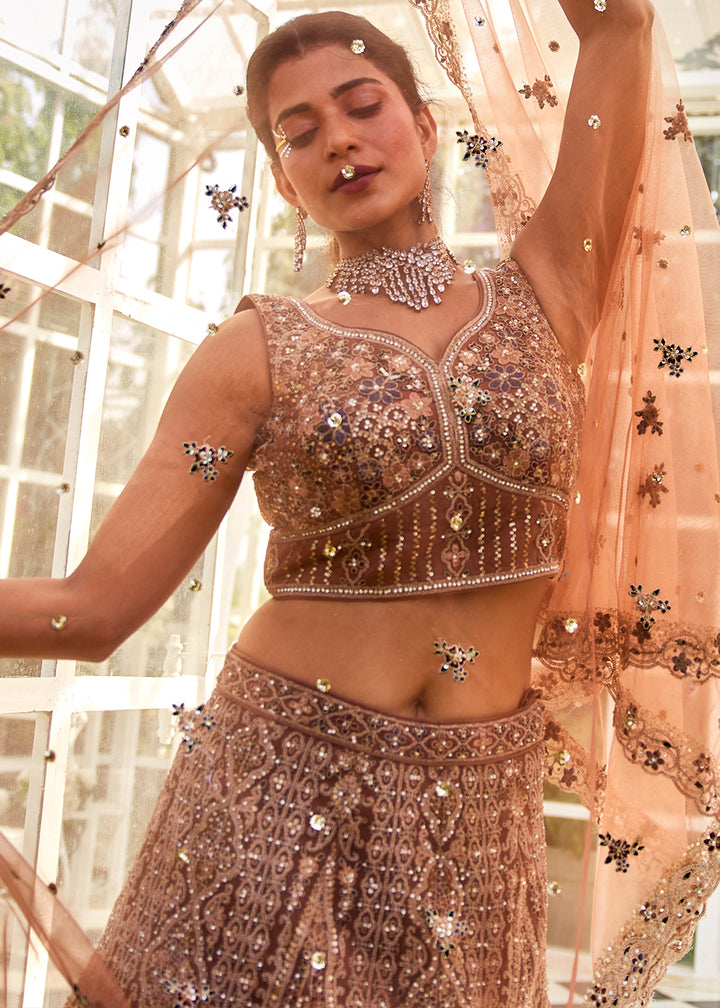 Caramel Brown Net Lehenga Choli with Beads & Zarkan Work