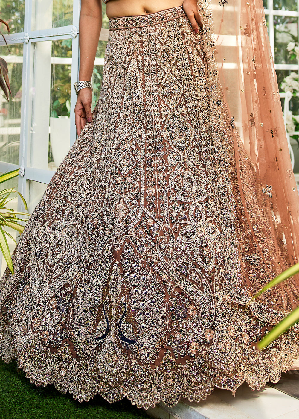 Caramel Brown Net Lehenga Choli with Beads & Zarkan Work